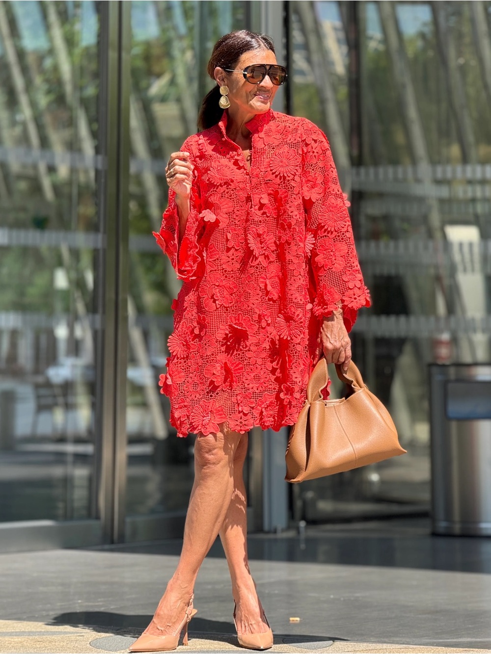 NWT J.Marie Seraphina Floral 3D Lace Split Round Button Up Neck Shift Dress Sz M